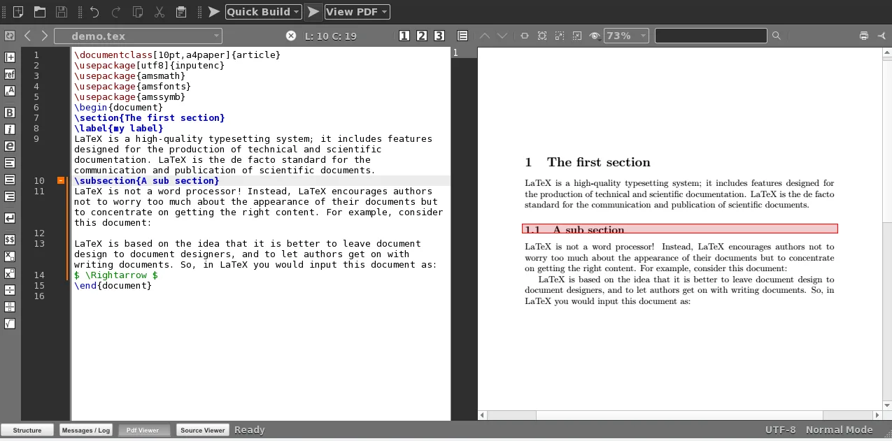Texmaker with a LaTeX source document on the left and its PDF output on the right, highlighting the matching subsection.
