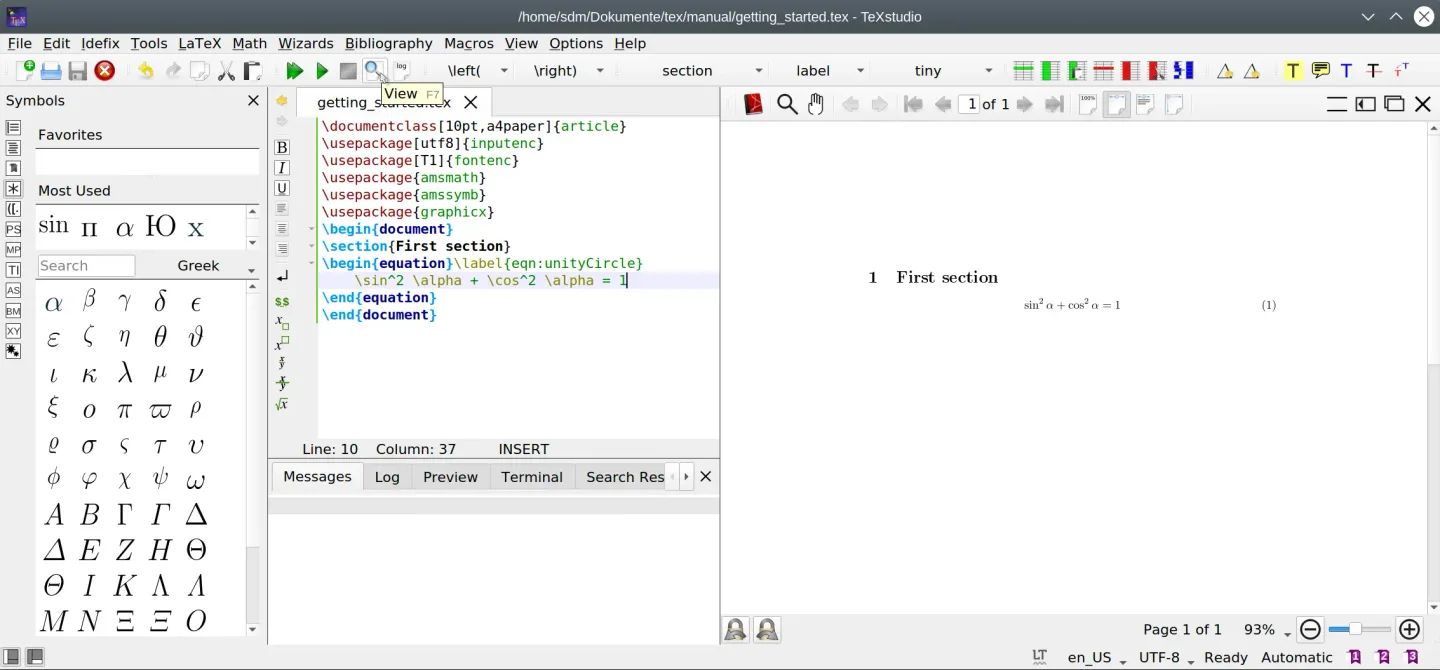 Official TeXstudio manual screenshot on Linux: LaTeX source, mathematical symbols and the integrated PDF viewer.