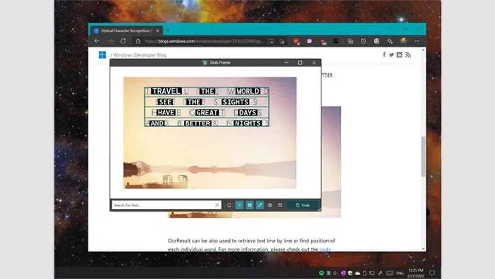 Text Grab's Grab Frame window highlighting recognized words in an image over a Windows browser window