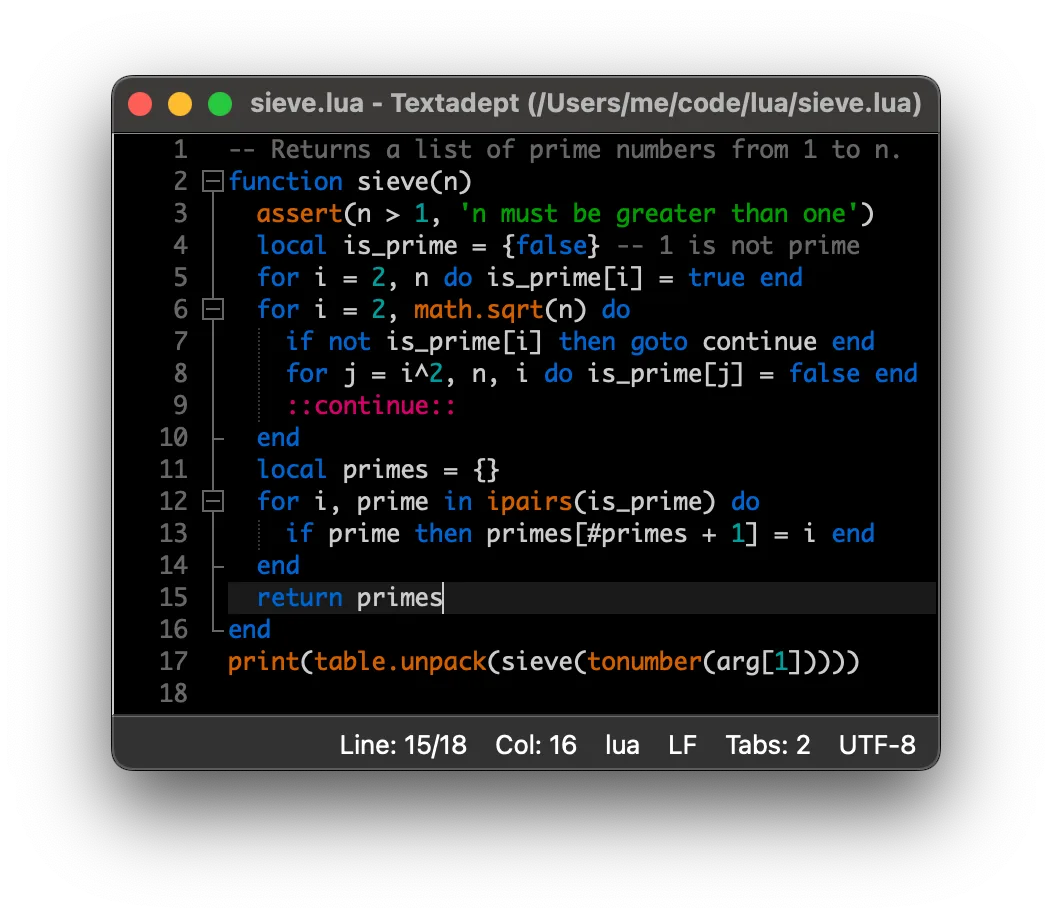 Textadept on macOS editing sieve.lua with Lua syntax highlighting, line numbers, code-folding controls and a status bar.