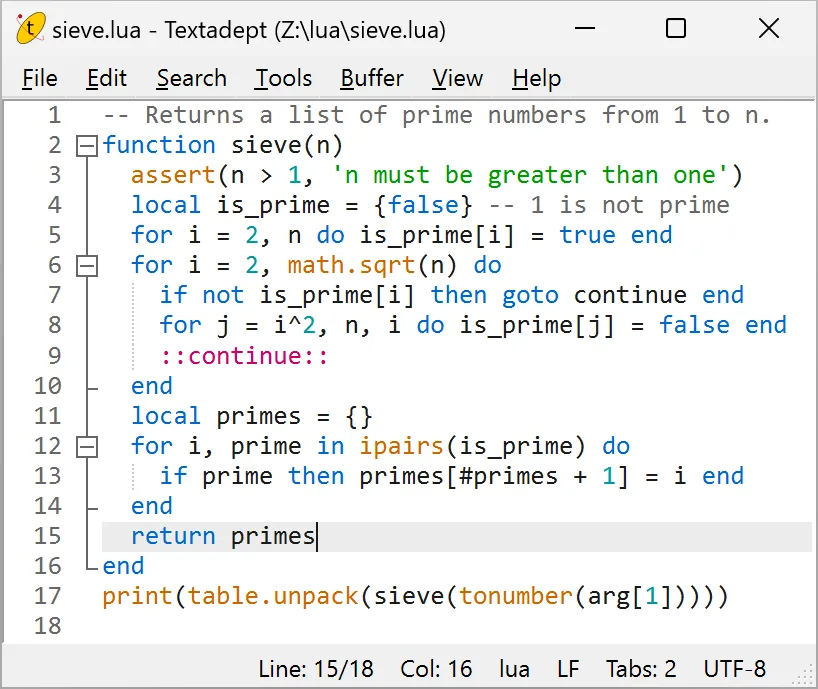 Textadept on Windows editing sieve.lua, with Lua syntax highlighting, line numbers, folding controls and a status bar.
