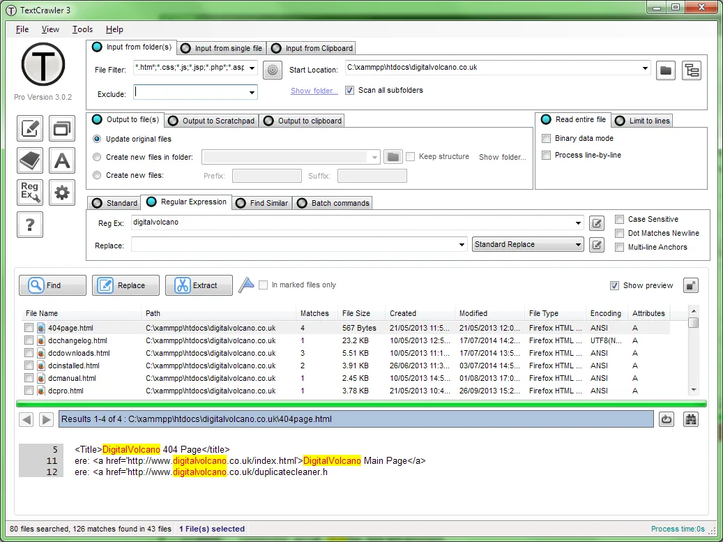 Historical TextCrawler Pro 3.0.2 window with folder filters, regular-expression search, file matches and highlighted preview; Free controls may differ.