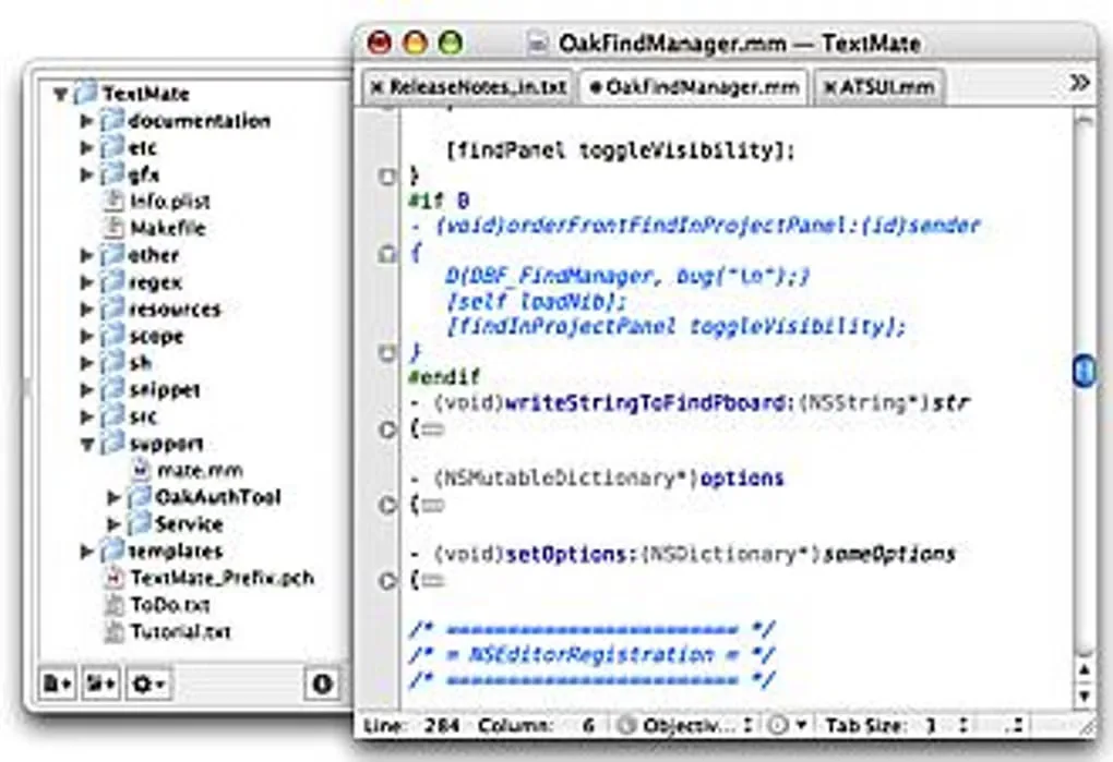 Historical TextMate gallery screenshot showing a project tree, file tabs and Objective-C code in OakFindManager.mm; not a verified 2.0.23 interface.