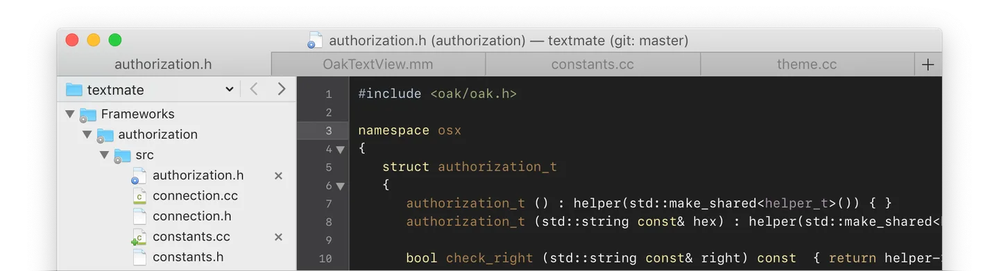 Publisher screenshot of TextMate showing a project file browser, file tabs and syntax-highlighted C++ code in authorization.h.