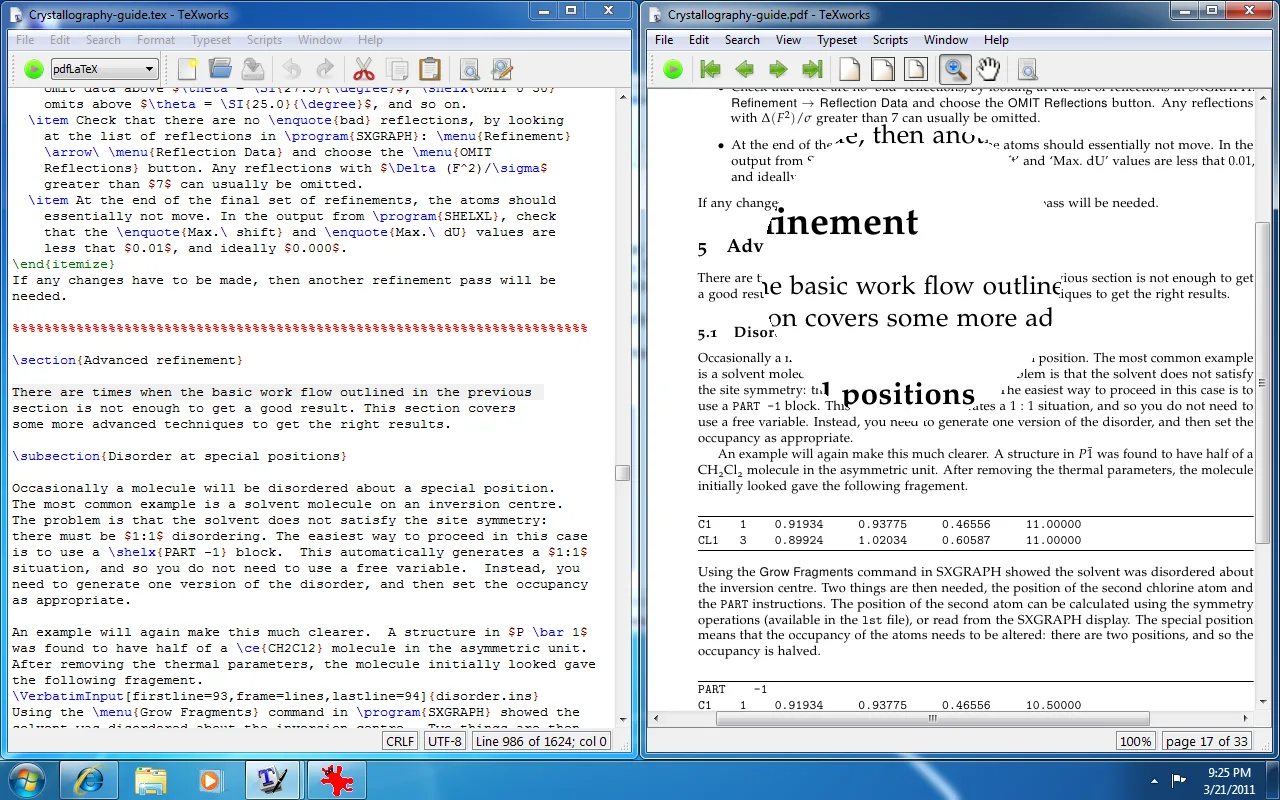 Historical TeXworks 0.4 on Windows 7 showing TeX source beside a PDF preview with magnification