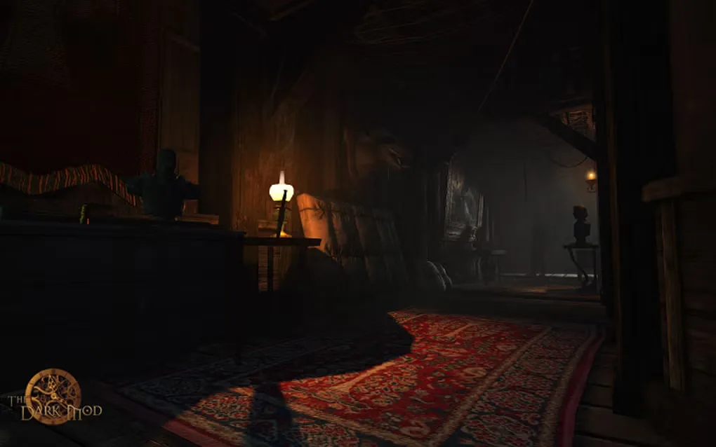The Dark Mod gameplay scene in a dimly lit room with a red carpet, lamp and silhouetted figure; source watermark retained