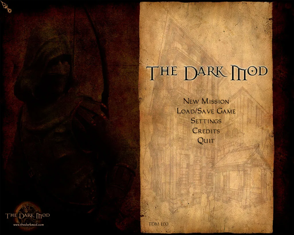 Historical The Dark Mod TDM 1.00 main menu with New Mission, Load/Save Game, Settings, Credits and Quit