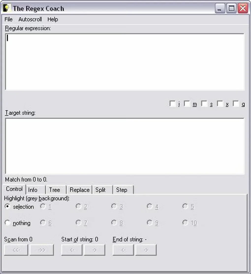 Historical The Regex Coach Windows interface with empty expression and target editors, modifier checkboxes and matching-tool tabs.