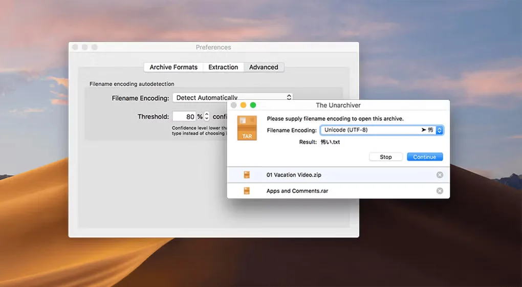 The Unarchiver filename-encoding preferences and an archive prompt with Unicode UTF-8 selected on macOS.