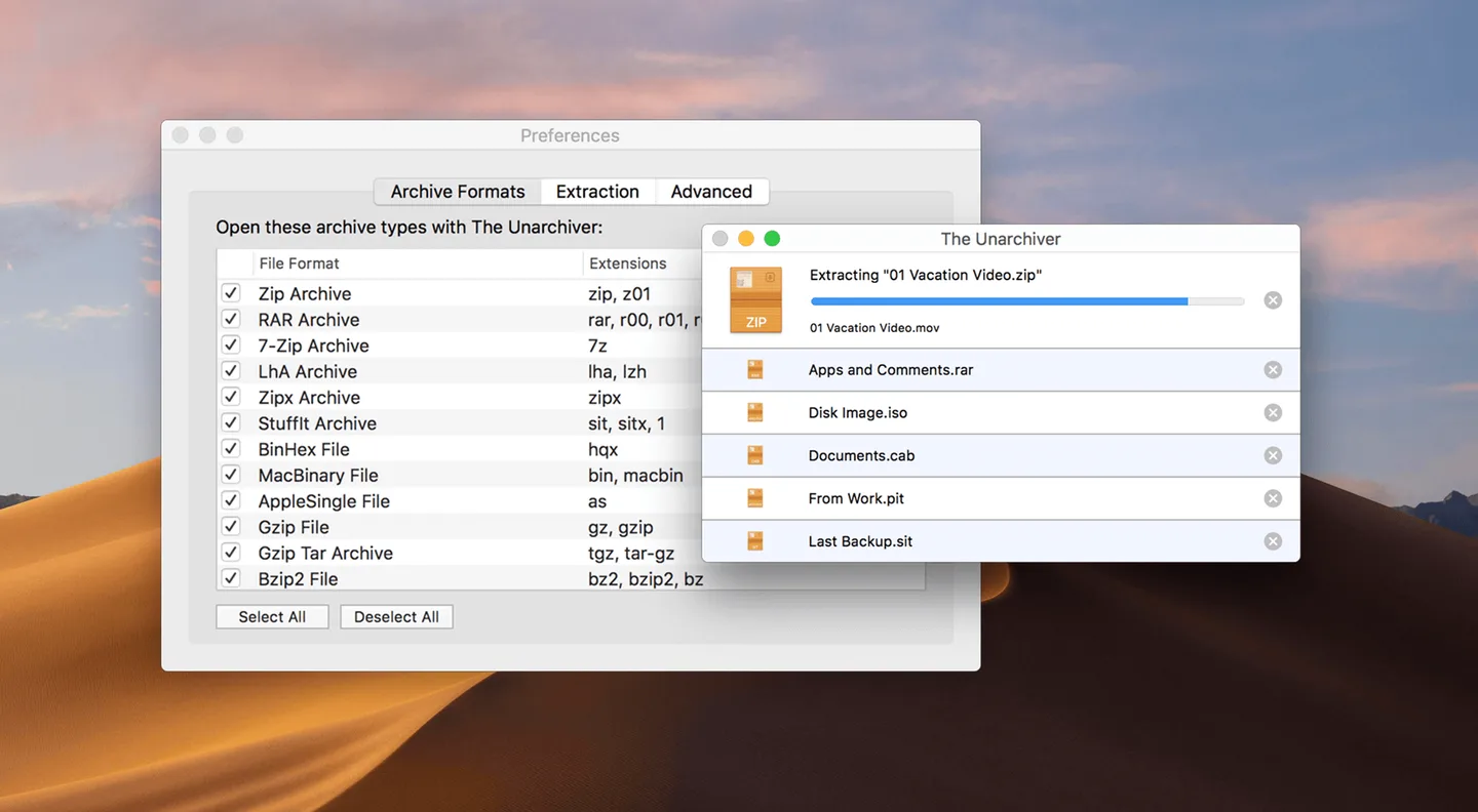 The Unarchiver on macOS showing archive-format preferences and ZIP extraction progress with queued archives.