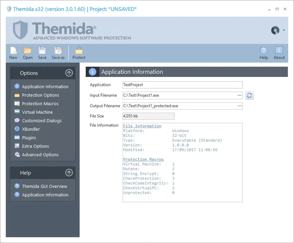 Historical Themida x32 3.0.1.60 Application Information screen with input and protected-output filenames and protection settings navigation