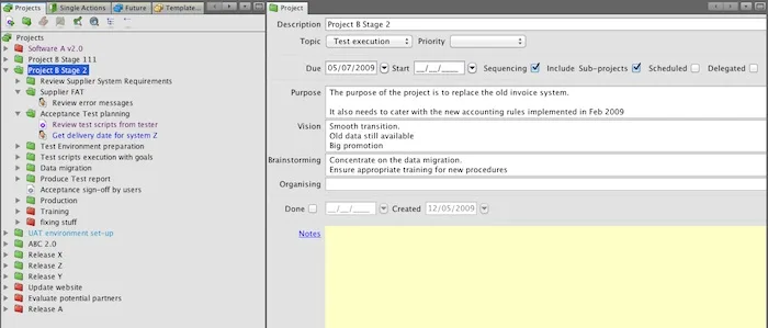 ThinkingRock publisher screenshot showing a nested project tree and project purpose, vision and notes fields.