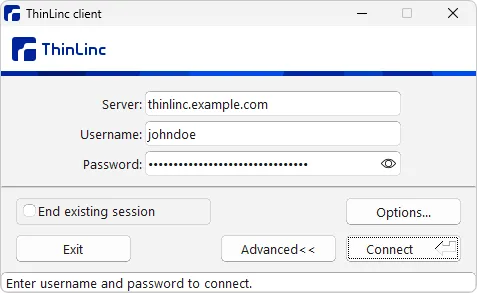ThinLinc Client Windows login window with server, username and masked password fields, session controls and Connect button.