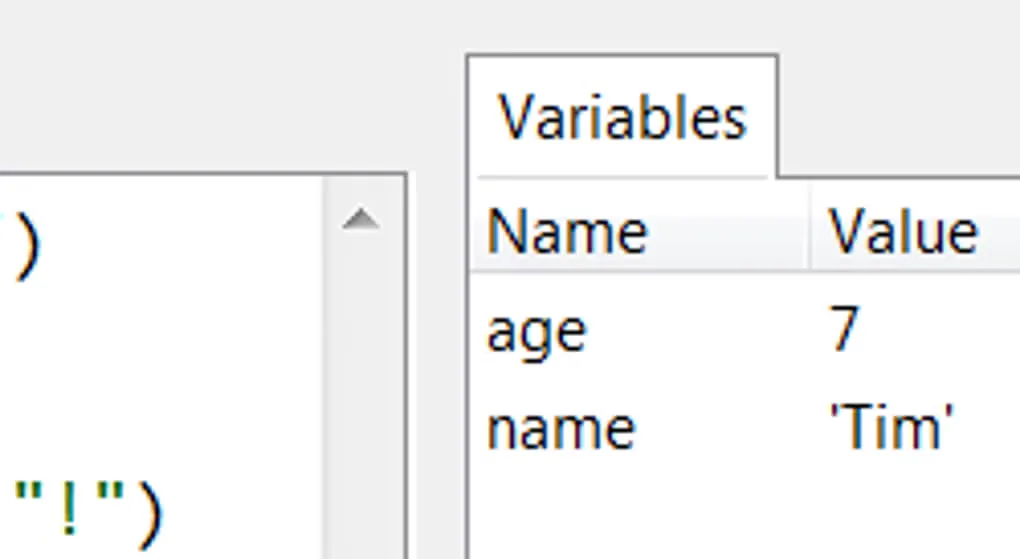 Detail of Thonny's Variables pane showing age as 7 and name as Tim beside a code fragment