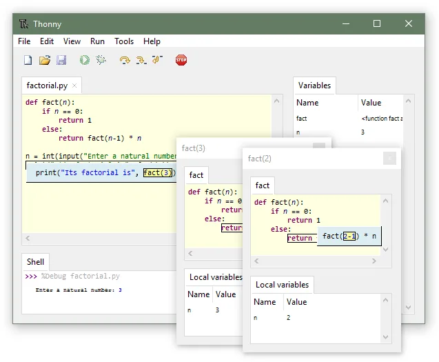 Thonny editing factorial.py with a shell, Variables pane and recursive function-call debugger windows