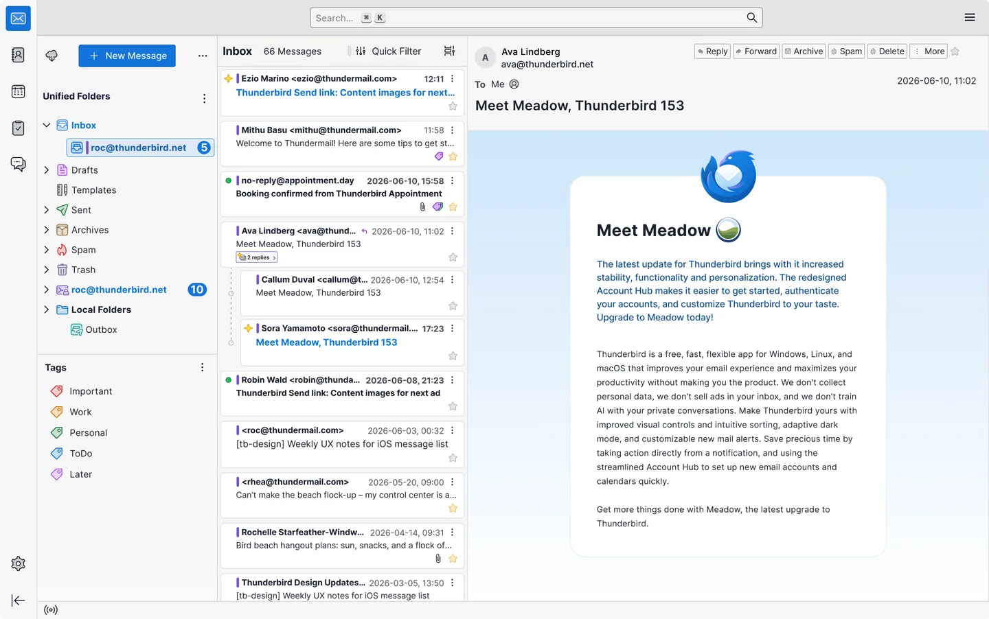 Thunderbird desktop unified inbox, message list, tags and reading pane; publisher illustration with a Thunderbird 153 sample message.