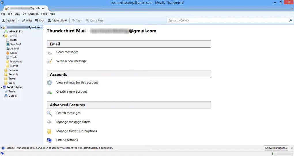 Historical Thunderbird for Windows account overview with mail folders and account, search and message-filter controls; not the 159.0 interface.