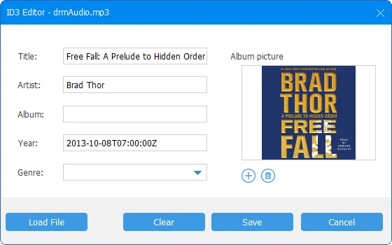 Publisher screenshot of the ID3 Editor with title, artist, year and album-picture fields plus Load File, Clear and Save controls.