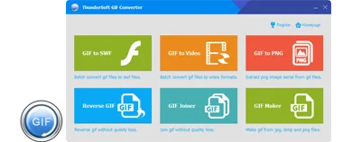 ThunderSoft GIF Converter window with GIF to SWF, GIF to Video, GIF to PNG, Reverse GIF, GIF Joiner and GIF Maker tiles