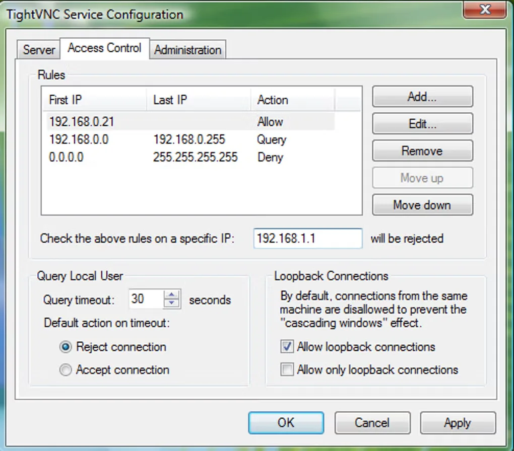 Earlier TightVNC Service Configuration window: Access Control tab with IP rules, user query and loopback settings