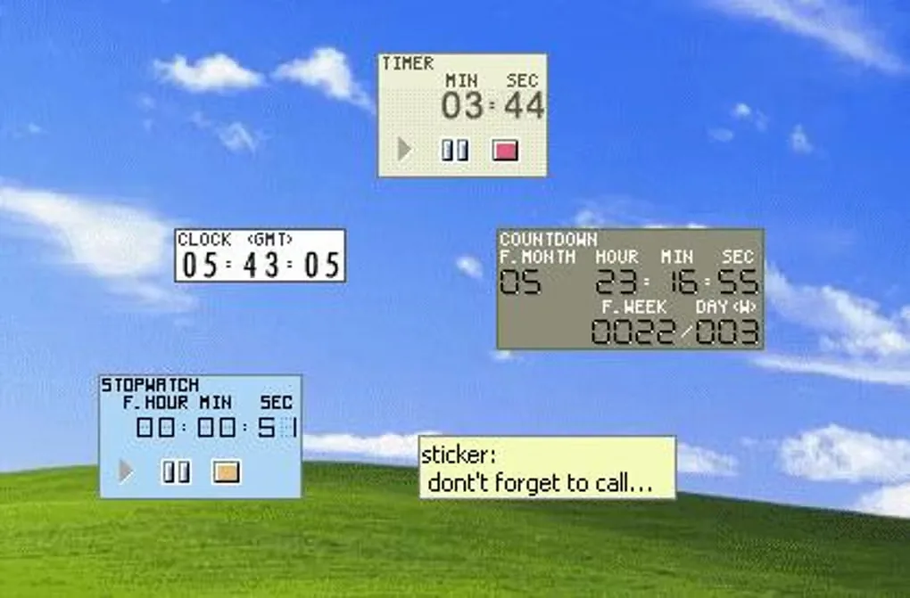 TimeLeft timer, clock, countdown, stopwatch and sticky note floating on a Windows desktop
