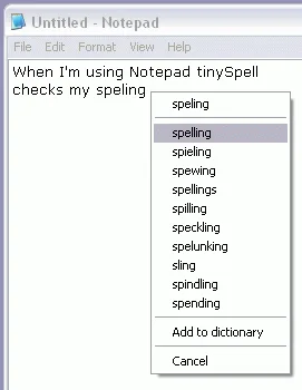 tinySpell replacement menu over Notepad, suggesting spelling for the misspelled word speling