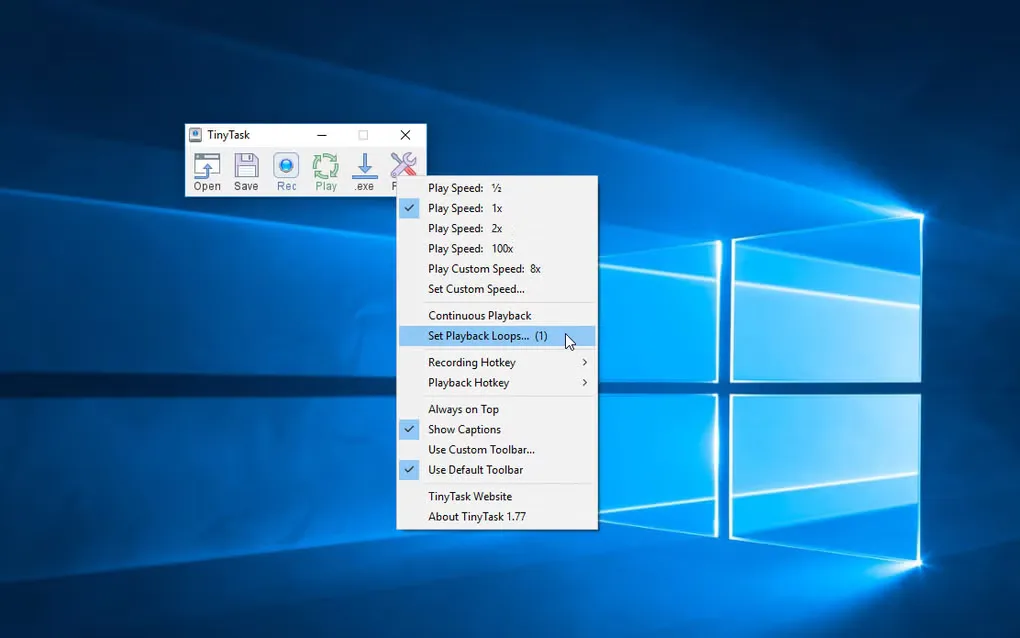 TinyTask toolbar on a Windows desktop with preferences open for playback speed, continuous playback, loop count and hotkeys.