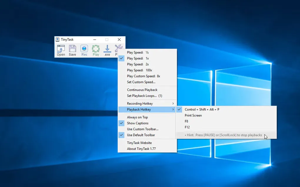 TinyTask on a Windows desktop with the Playback Hotkey submenu open, showing keyboard shortcut options and a stop-playback hint.