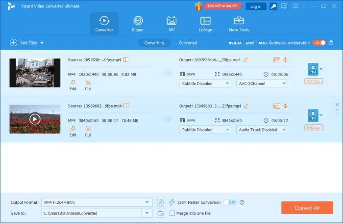 Tipard Video Converter Ultimate for Windows showing two queued videos, output settings and the Convert All button