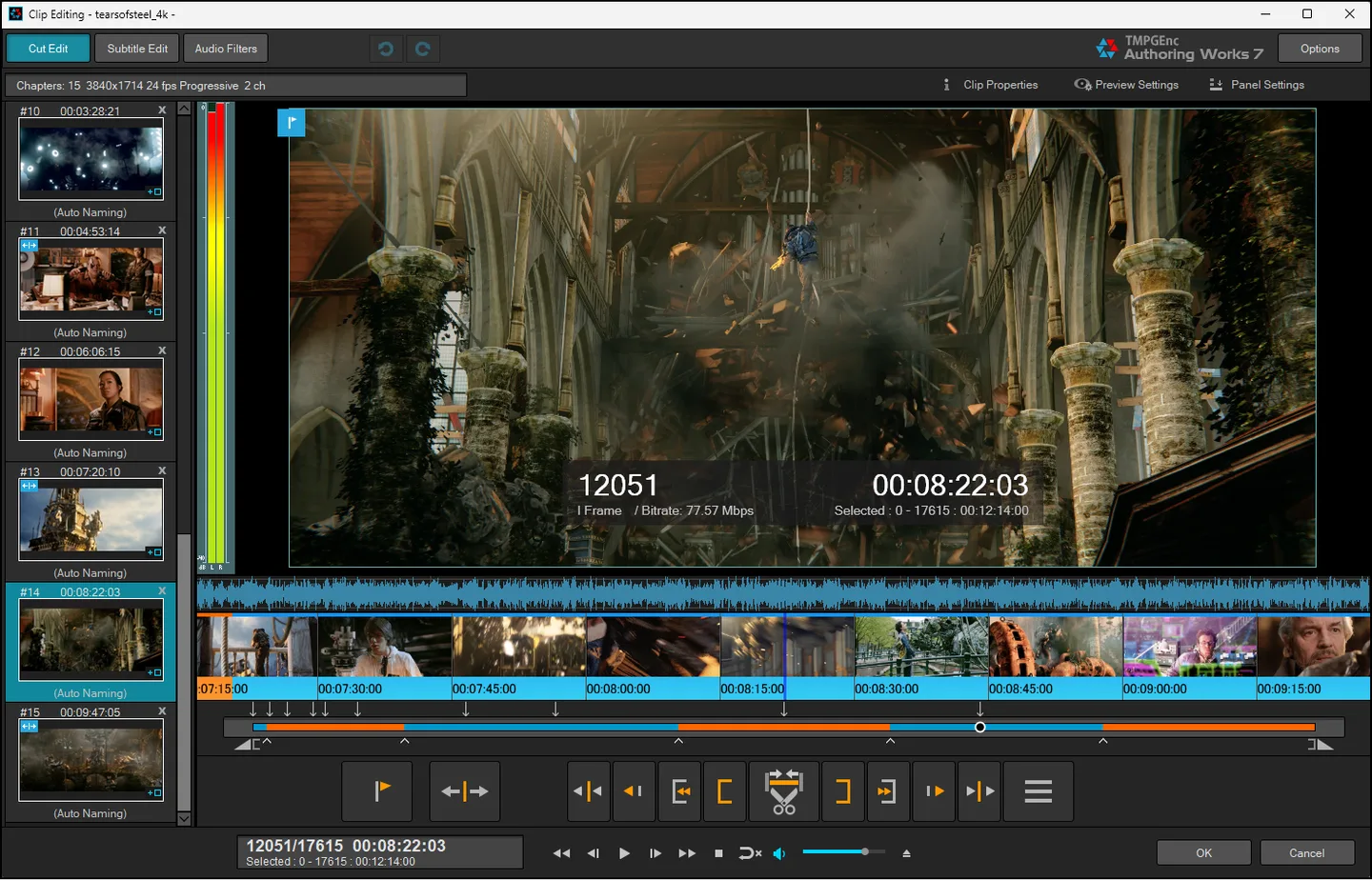 TMPGEnc Authoring Works 7 cut editor showing chapter thumbnails, a video preview, audio waveform and frame-level trim controls
