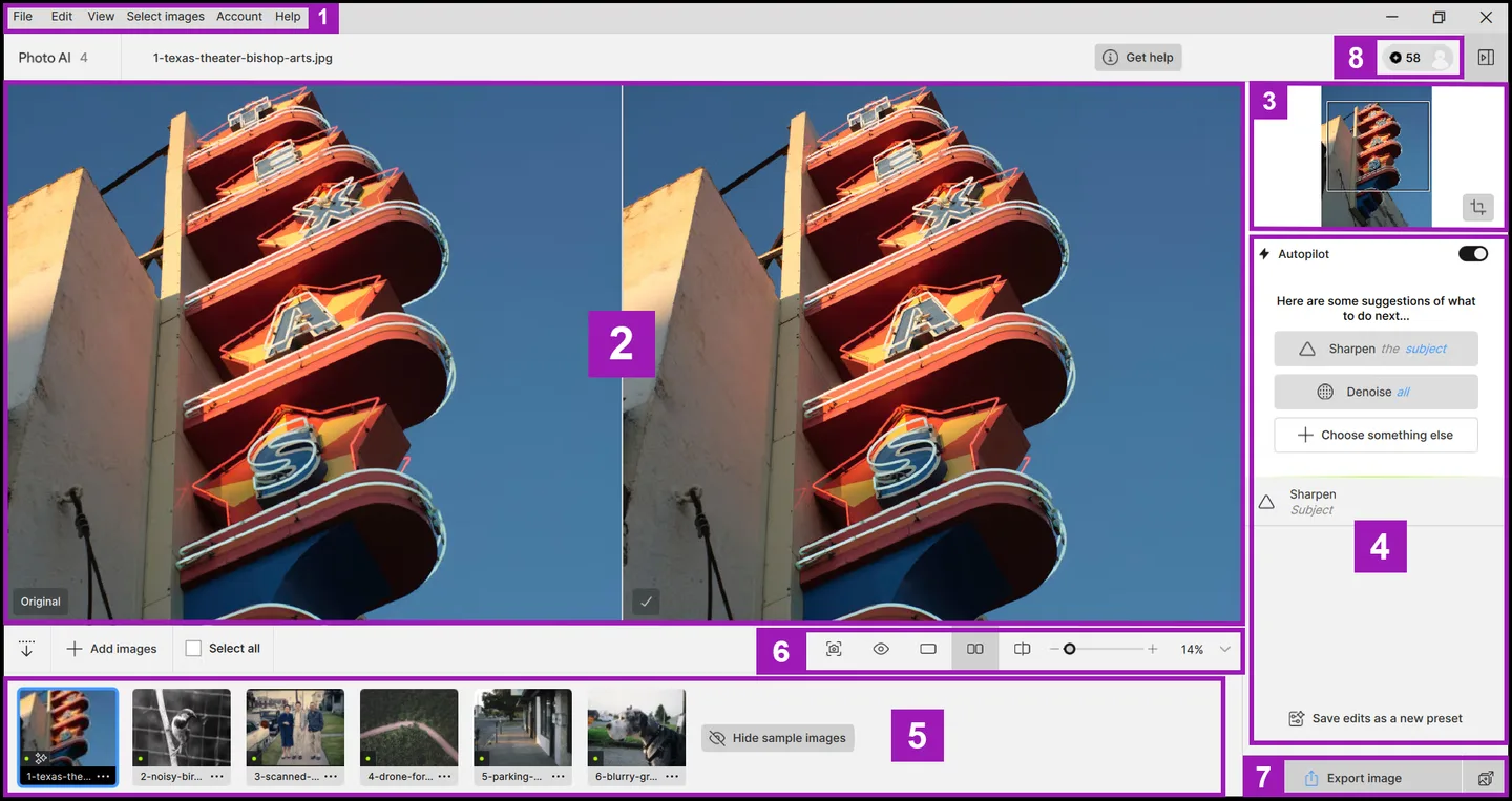 Publisher-annotated Photo AI 4 interface showing a split photo comparison, Autopilot controls and batch filmstrip; Windows illustration.
