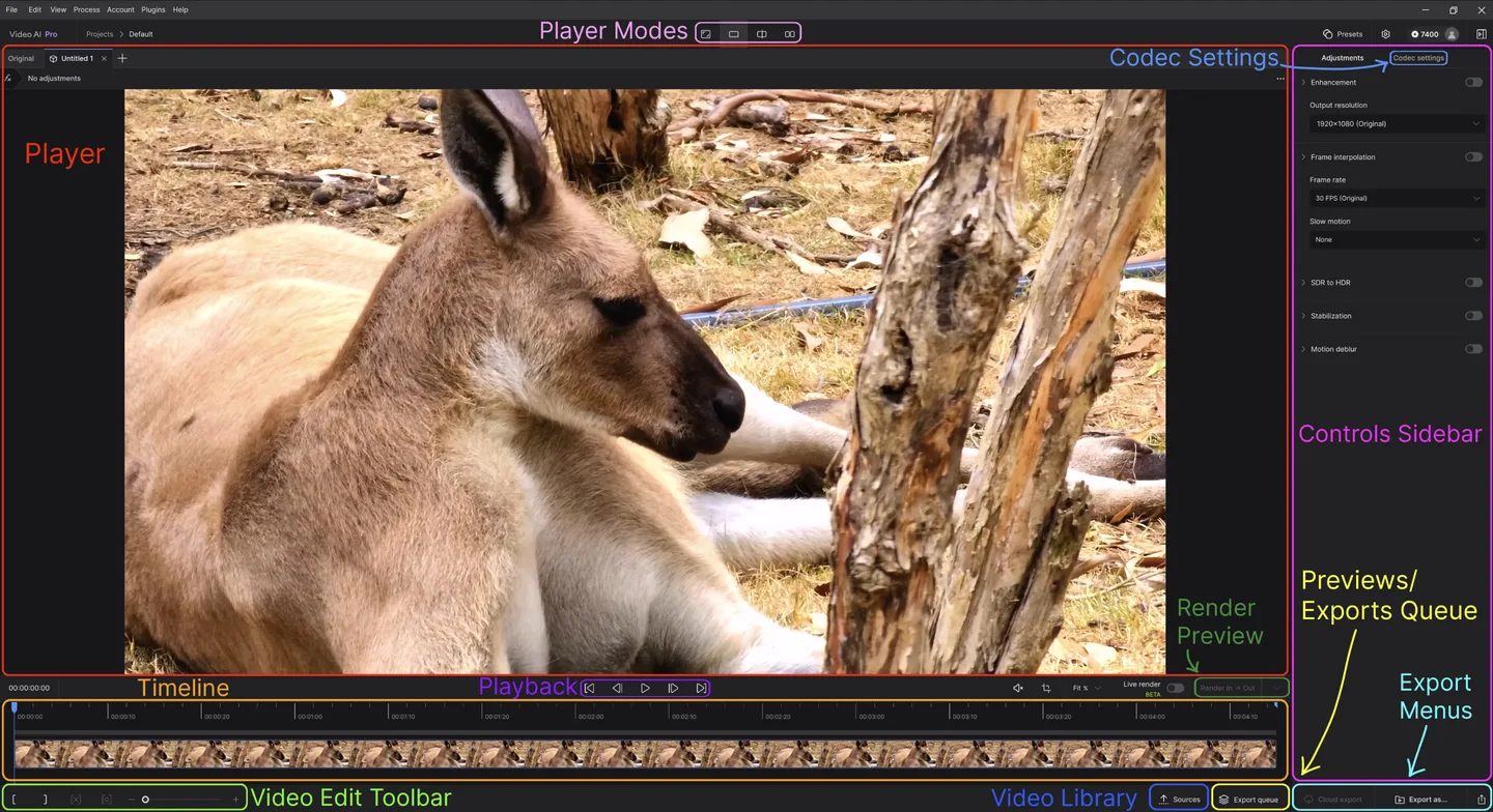 Publisher-annotated Topaz Video AI workspace reference on Windows, showing a kangaroo clip, timeline, filter sidebar and export controls