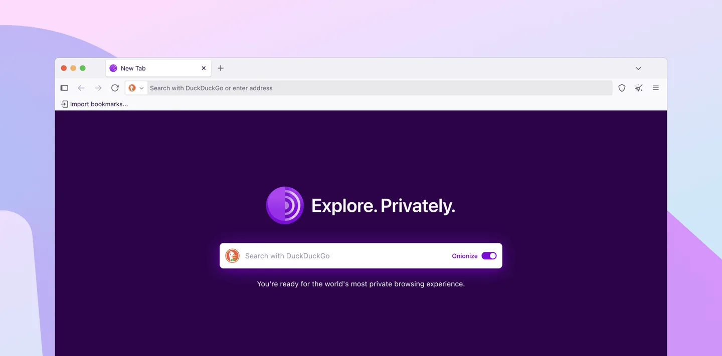 Publisher illustration of Tor Browser on macOS showing the address bar and purple new-tab page with DuckDuckGo search.