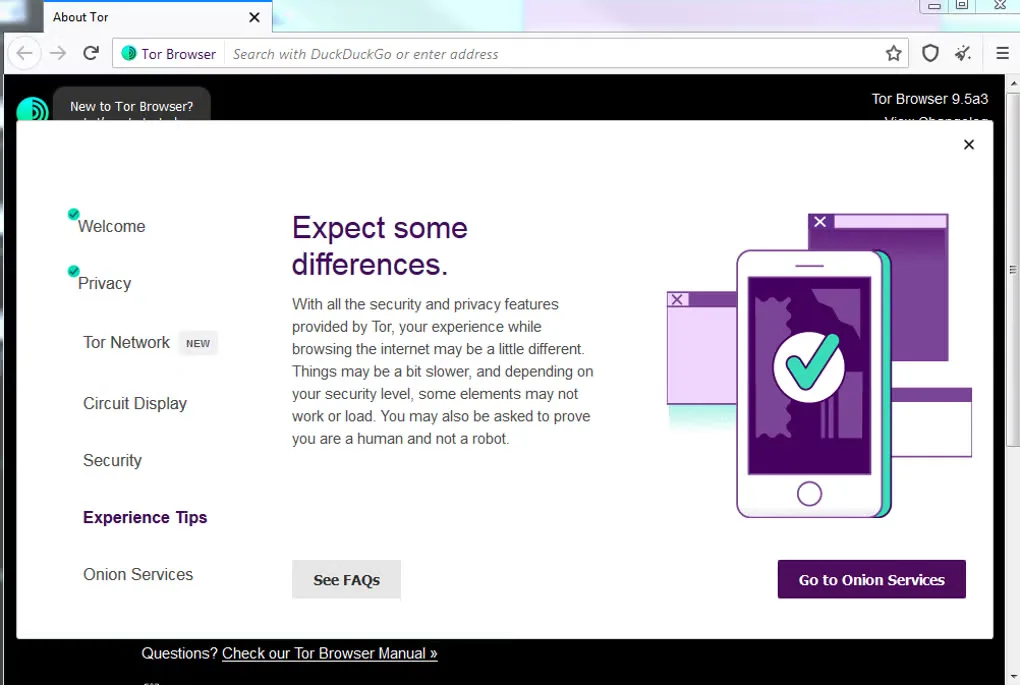 Older Tor Browser 9.5a3 Windows interface showing the Experience Tips onboarding panel