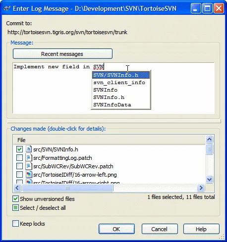 Historical TortoiseSVN Windows commit dialog with log-message completion suggestions and a changed-file checklist