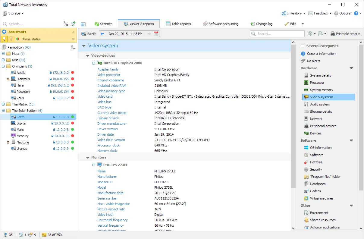 Publisher screenshot of Total Network Inventory showing the asset tree and a selected computer's video hardware report; older sample data.