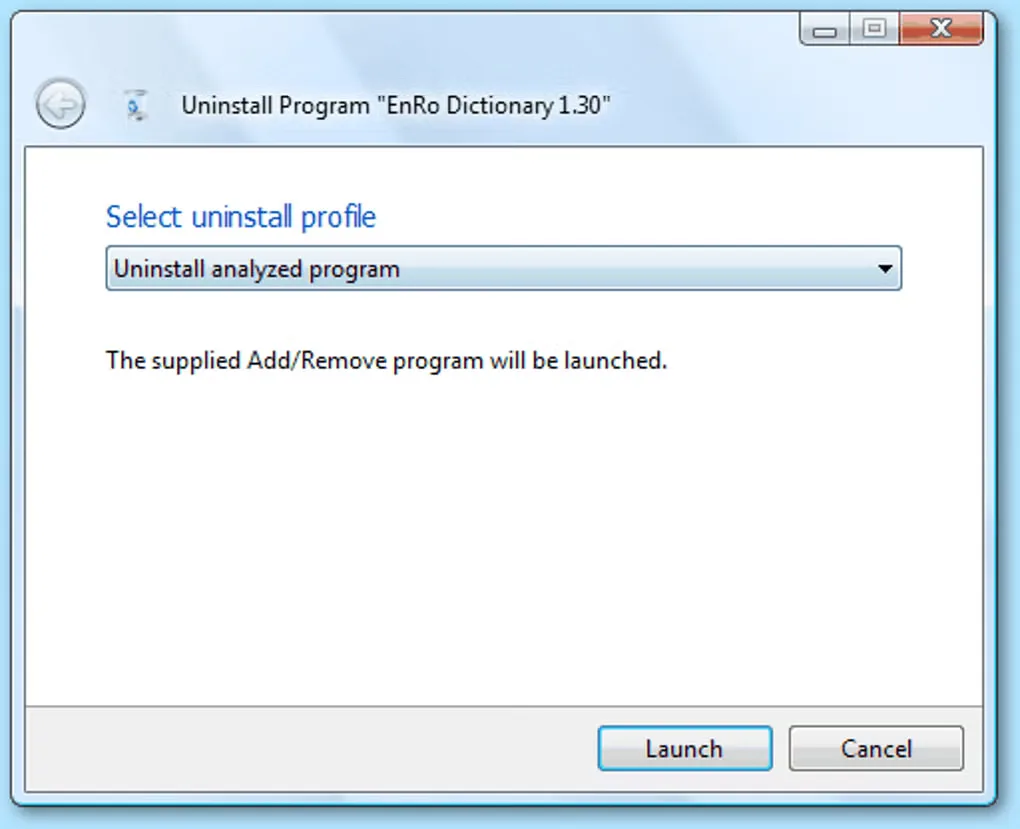Older Total Uninstall dialog for EnRo Dictionary 1.30 with an uninstall profile selector and Launch and Cancel buttons.
