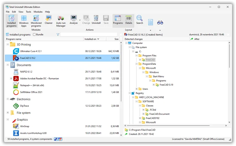 Publisher screenshot of Total Uninstall Ultimate showing installed programs and FreeCAD file and registry changes.