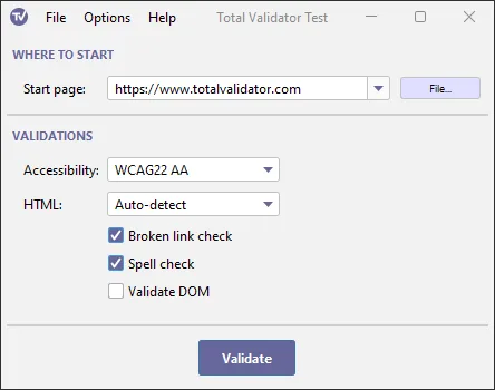 Total Validator Test window with a start-page URL field, accessibility and HTML choices, broken-link and spell-check options, and Validate button