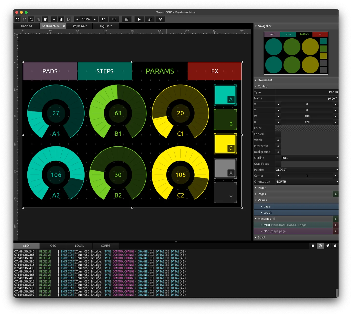 TouchOSC editor on macOS showing the Beatmachine layout with six colored rotary controls, a navigator, control properties, and MIDI message log