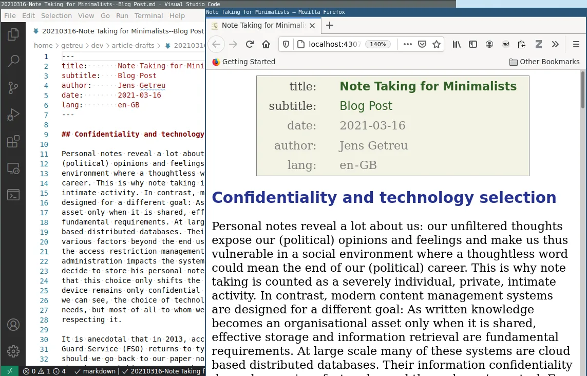 Publisher example of a Tp-Note Markdown note in Visual Studio Code beside its rendered Firefox browser preview