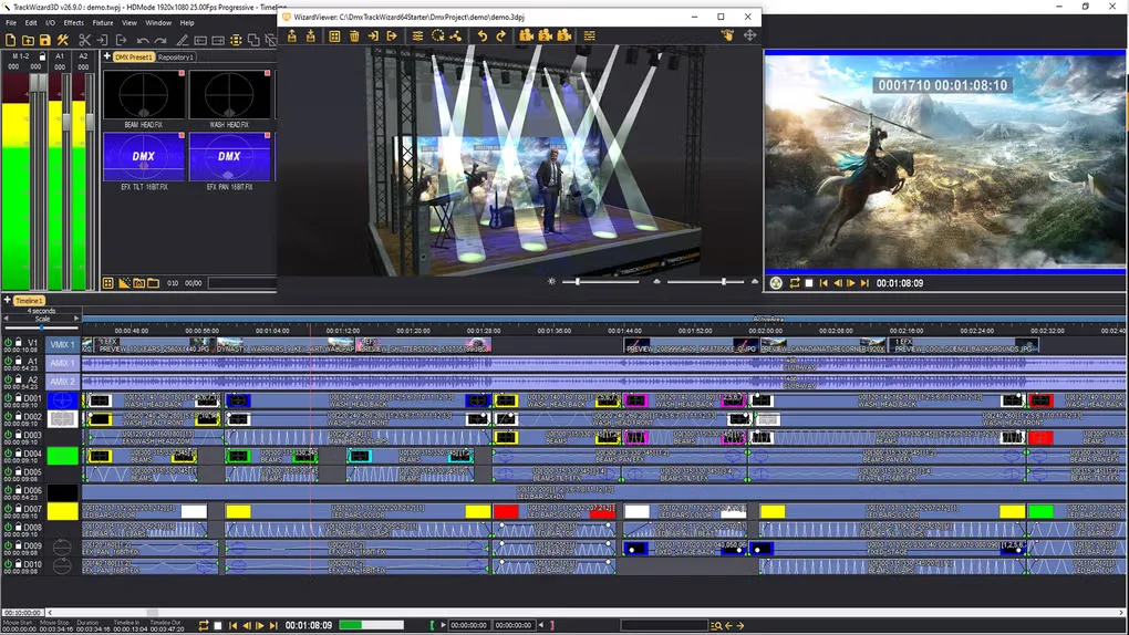 TrackWizard Windows interface with audio and DMX timeline tracks, channel meters, a 3D stage preview and video playback preview.