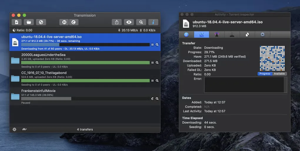 Transmission on macOS showing a torrent transfer list and the selected Ubuntu torrent's activity inspector