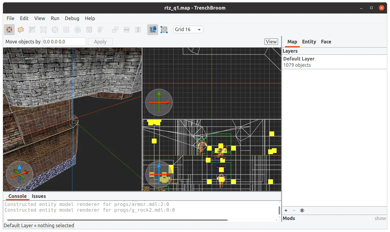 TrenchBroom on Ubuntu Linux showing a textured 3D map, two 2D grid views, layers and a console