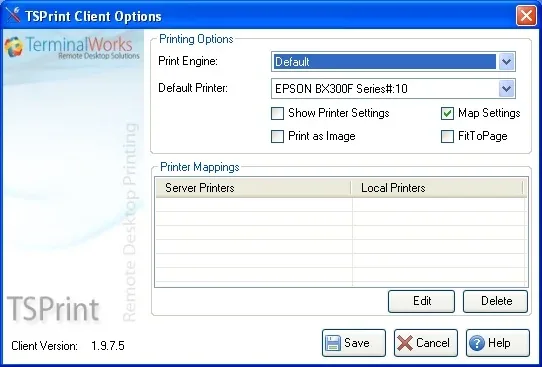 Historical TSPrint Client Options 1.9.7.5 dialog showing printer settings and mappings on Windows