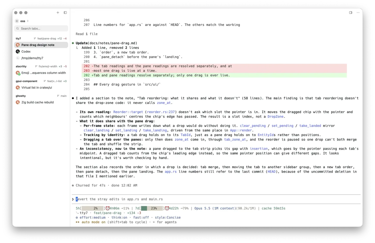 Publisher screenshot of tty7 with a repository-grouped agent sidebar, Git branch details and a terminal conversation; macOS window controls are visible.