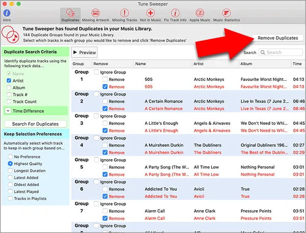 Tune Sweeper on Mac showing duplicate song groups, keep preferences and a publisher arrow pointing to Remove Duplicates