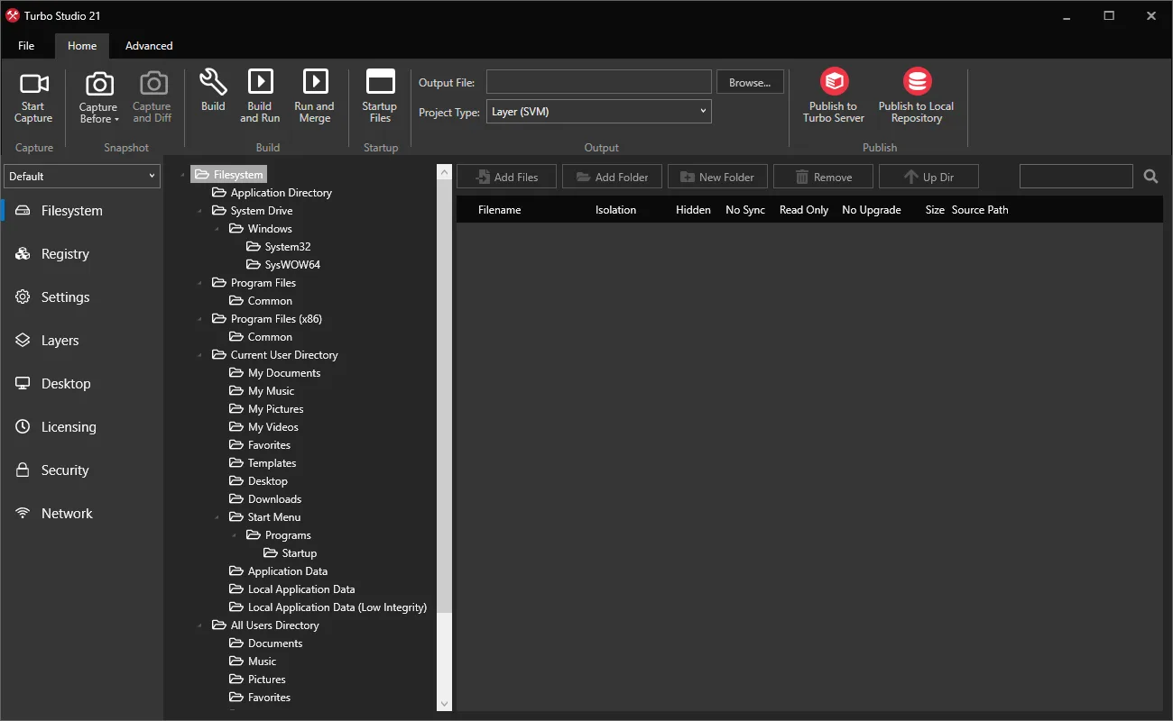 Publisher documentation screenshot of Turbo Studio 21 showing capture and build controls above the virtual filesystem editor.