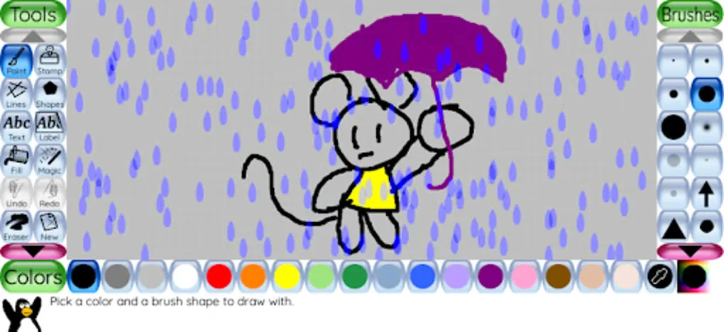 Tux Paint Android gallery screenshot with drawing tools, brush choices, color palette and a mouse under a purple umbrella.