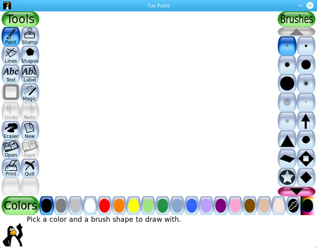 Tux Paint drawing workspace with a blank canvas, tools on the left, brush choices on the right and colors along the bottom.